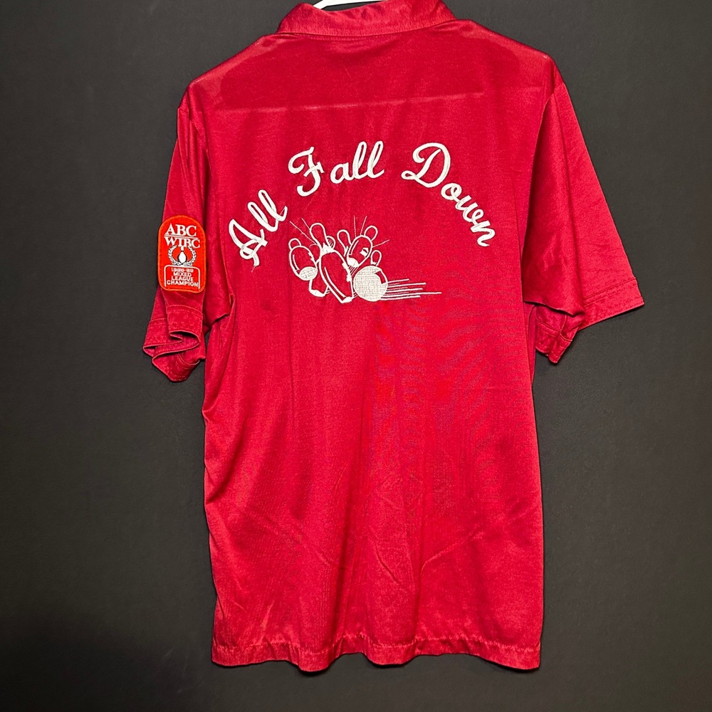 Vintage Bowling Team Polo Shirt Mens L Red Embroider All‎ Fall Down ABC Champion